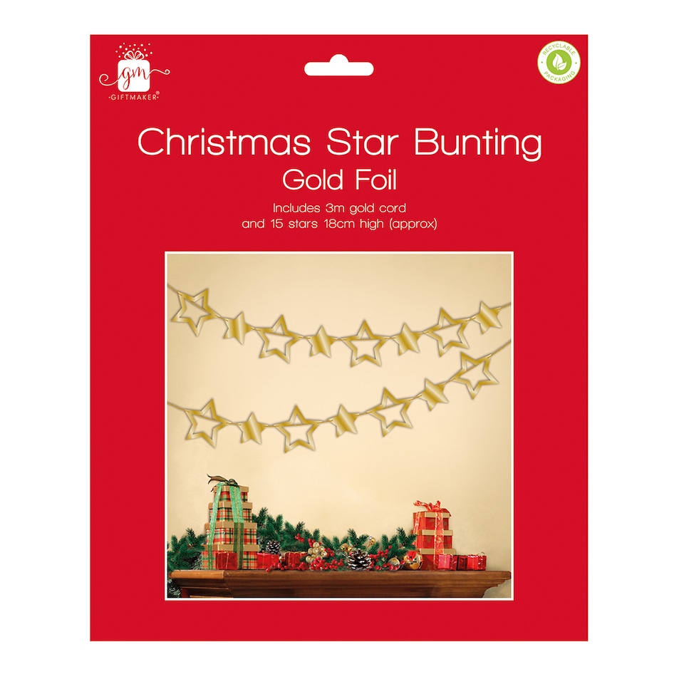 image 1 of 3m Christmas Gold Star Hanging Bunting