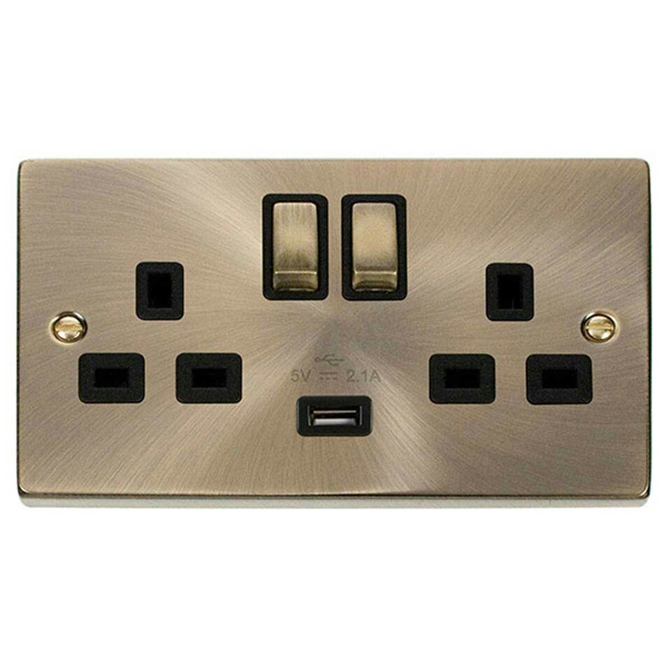 image 1 of SE HOME Antique Brass 2 Gang 13A DP Ingot 1 USB Twin Double Switched Plug Socket Brown | Antique Brass