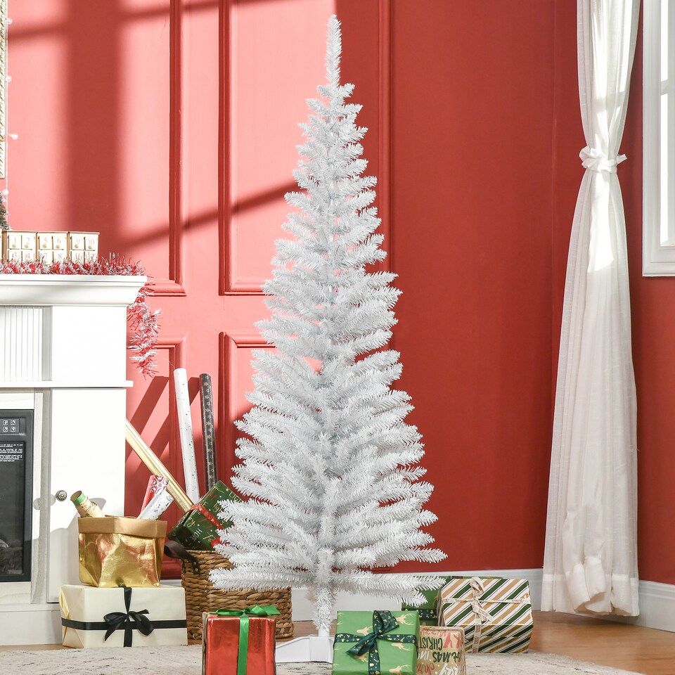 image 1 of HOMCOM 5ft Unlit Artificial Christmas Tree, Pencil Slim mas Tree with Solid Stand and Realistic Branches, White