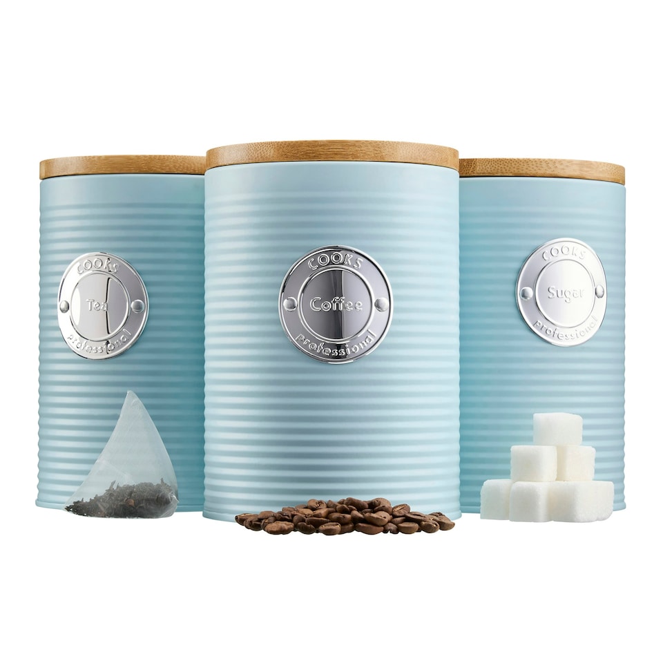image 1 of Cooks Professional 3 Piece Ribbed Tea, Coffee, & Sugar Cannisters with Bamboo Lids | Stainless Steel Kitchen Storage Bins | Blue & Silver