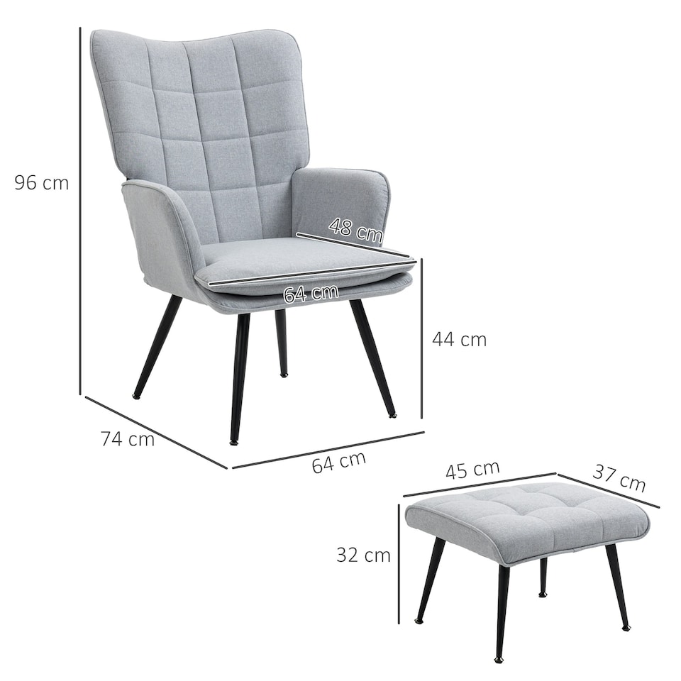 image 1 of HOMCOM Living Room Chair with Footstool and Steel Legs, Light Grey