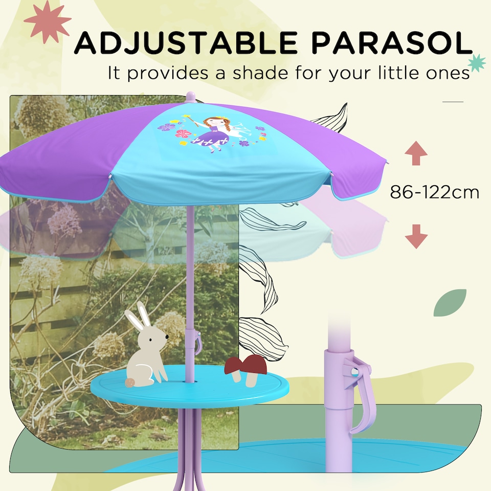image 1 of Outsunny Kids Bistro Table and Chair Set w/ Fairy Theme, Adjustable Parasol