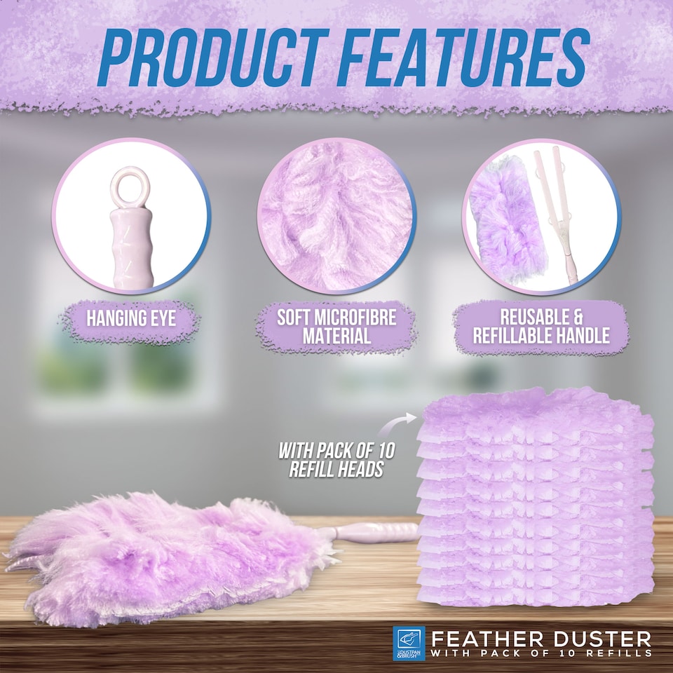 image 1 of Purple Feather Duster with 10 Pack Microfibre Refill Heads, Reusable Handle with Hanging Eye