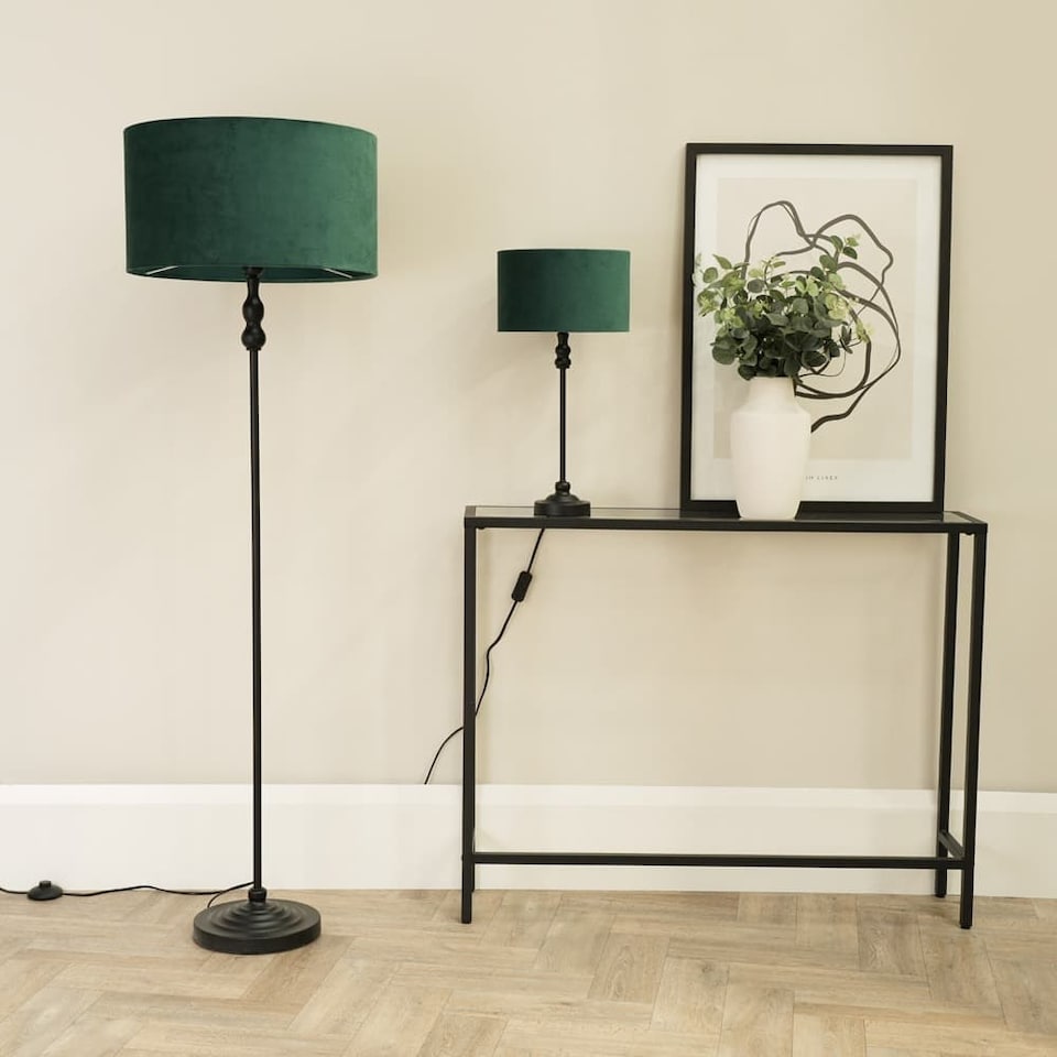 image 1 of ValueLights Maggie Black Candlestick Floor Lamp Green Velvet Shade | Black