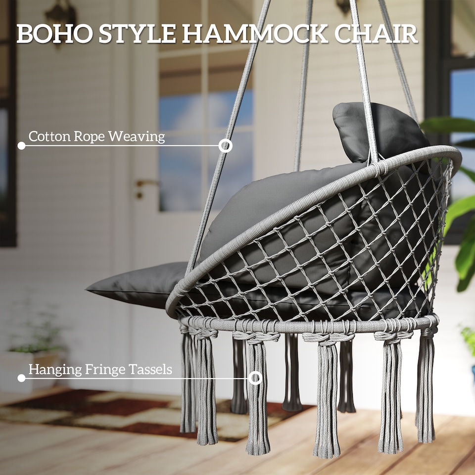 image 1 of Outsunny Hanging Chair Outdoor Hammock Chair with Soft Cushion, Cotton Rope Boho Style Swing Chair, Hanging Garden Swing Seat for Indoor Outdoor, Dark Grey | Grey | Dark Grey