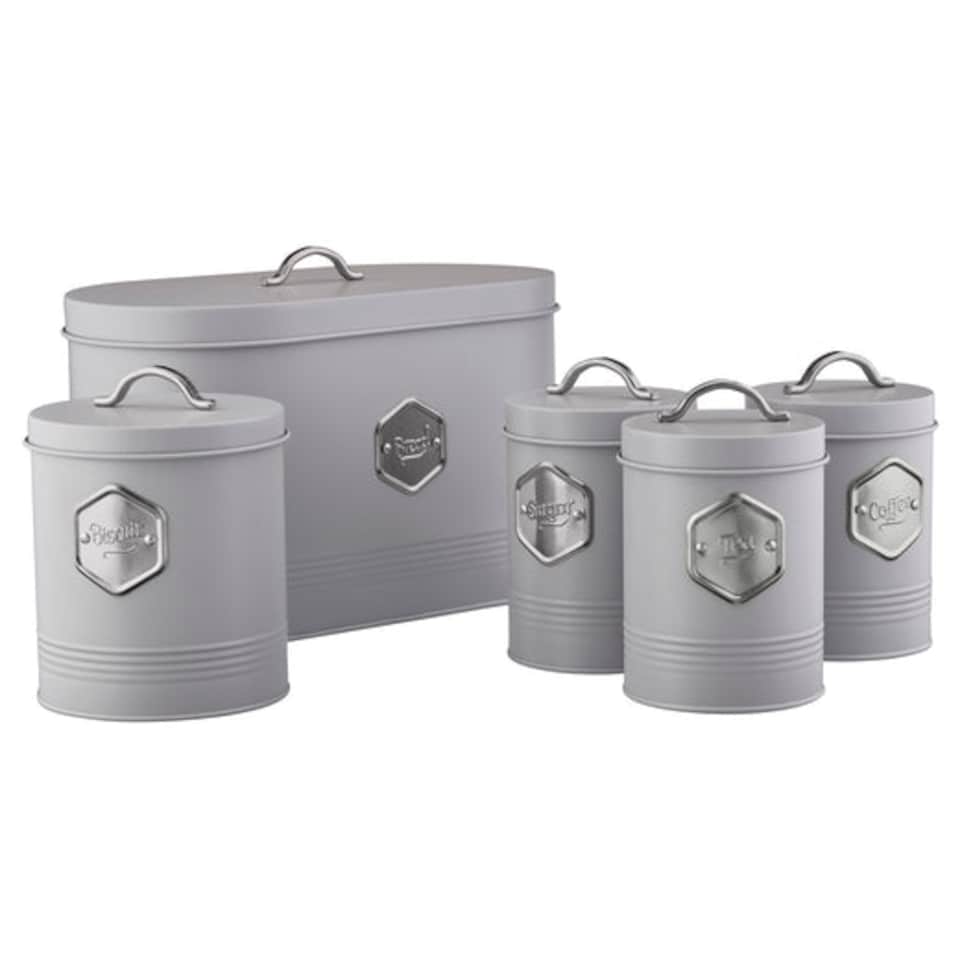 image 1 of Cooks Professional 5 Piece Kitchen Storage Set – Tea, Coffee, Sugar, Bread & Biscuit Tins | Grey | Grey & Silver | 5