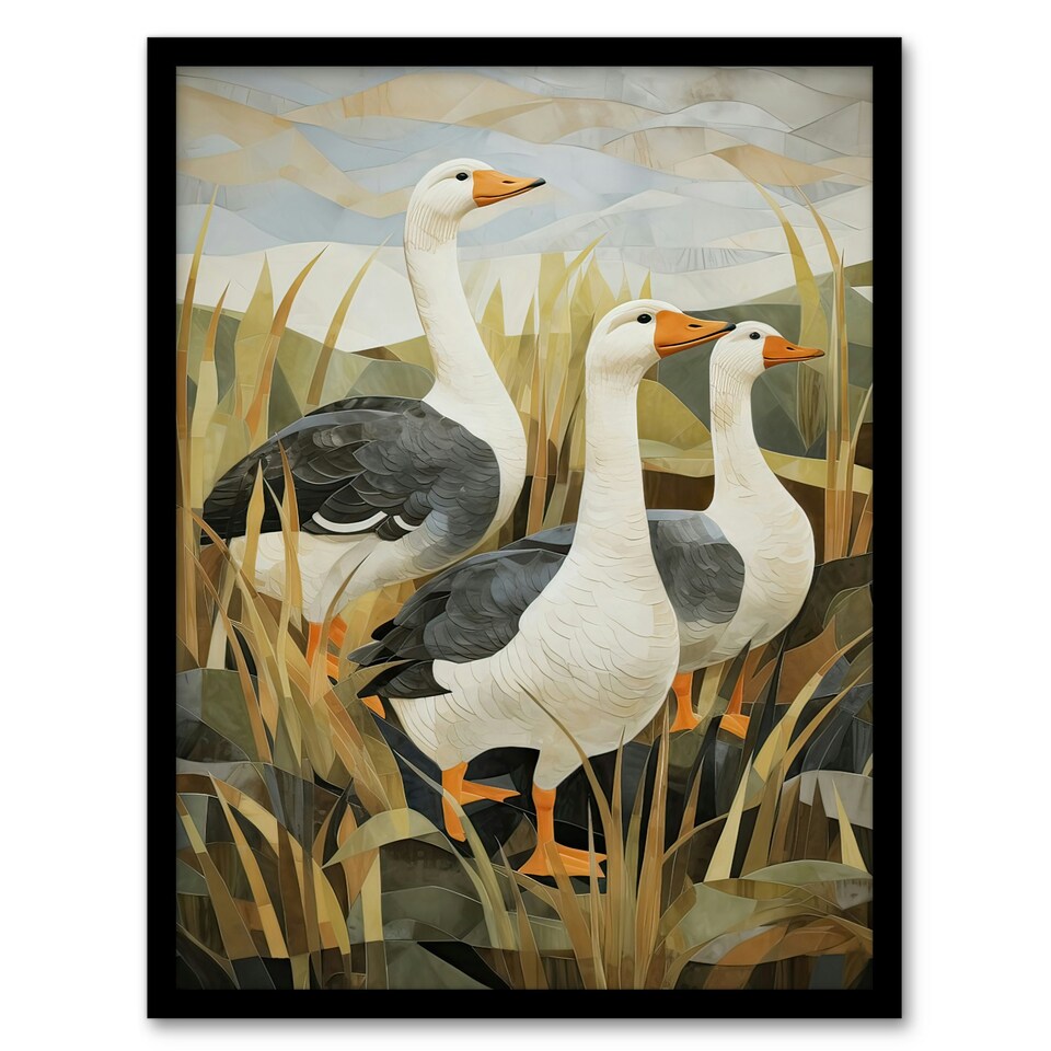 image 1 of Three Wild Geese Stylised Oil Grey Orange Black Framed Wall Art Print A4