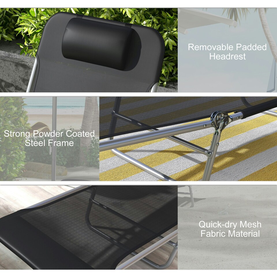 image 1 of Outsunny 2 Pieces Sun Loungers Foldable Reclining Chair with Headrest Black