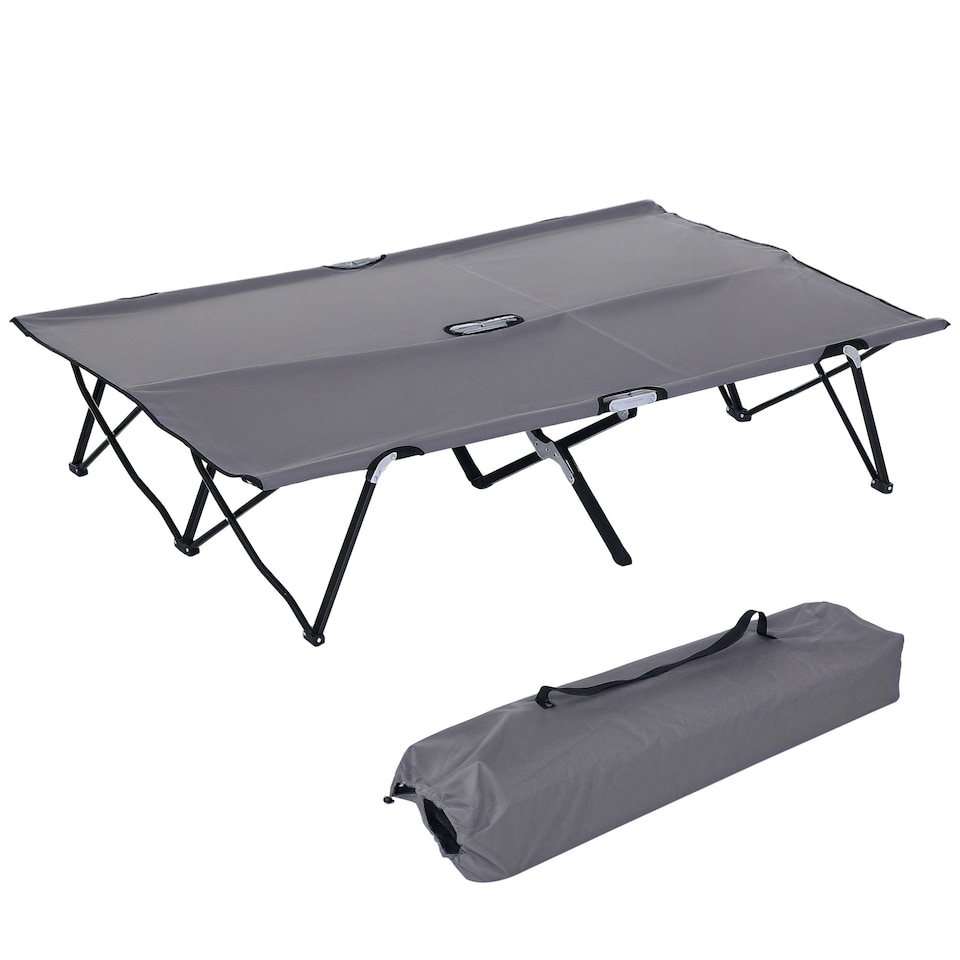 image 1 of Outsunny Double Camping Folding Cot Outdoor Portable Sleeping Bed, Grey
