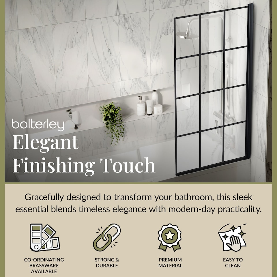 image 1 of Balterley Framed Grid Hinged Reversible Shower Bath Screen Toughened Safety Glass