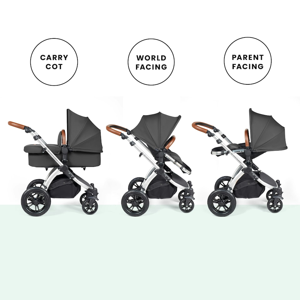 image 1 of Stomp Luxe 2-in-1 Pram – Birth to Approx. 4 Years, Foldable, All-Terrain, Rain Cover, Footmuff, Puncture-Proof Wheels & More (Silver/Charcoal Grey/Tan)