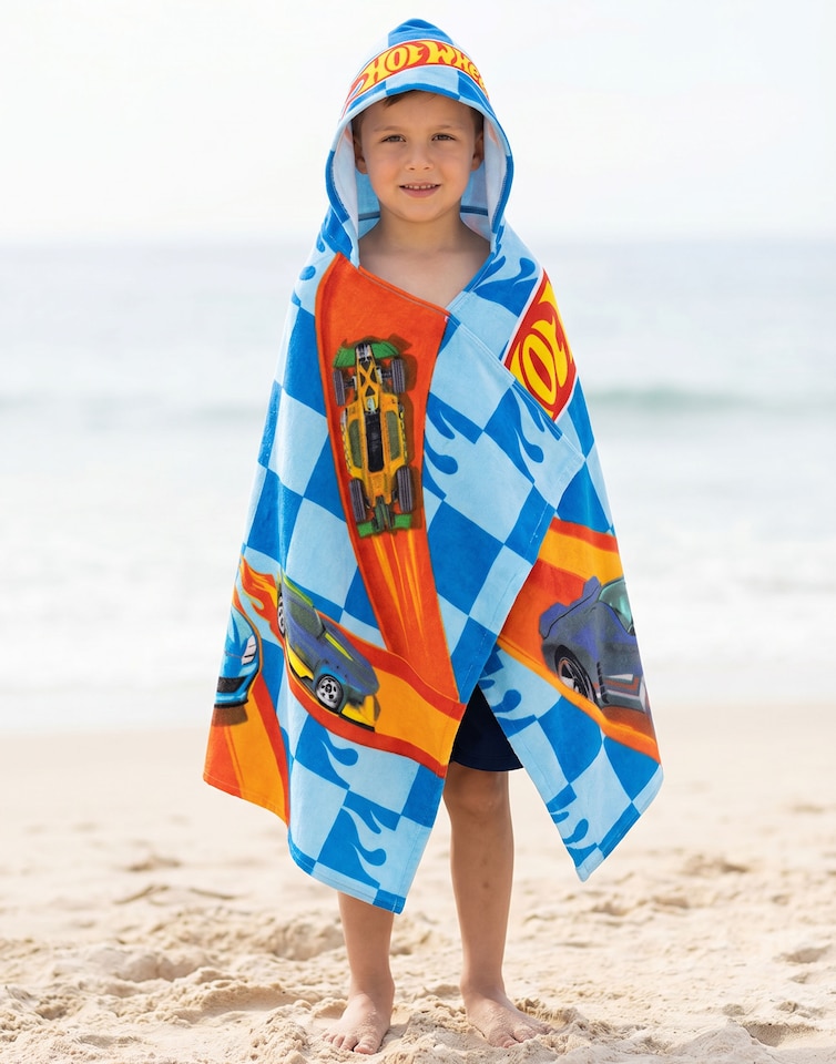 image 1 of Hot Wheels Race Track Boys Blue Poncho Towel | Hooded Beachwear with Multi-Car Graphics & Checkered Pattern | Poolside Cover-Up | After-Bath Towel for Kids | Hot Wheels Merch