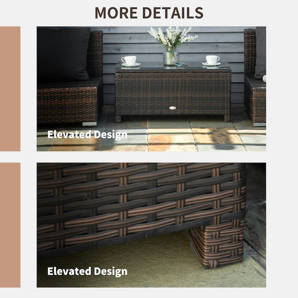 image 1 of Outsunny Garden Rattan Side Table,Wicker Coffee Desk, Glass Top, Mixed Brown