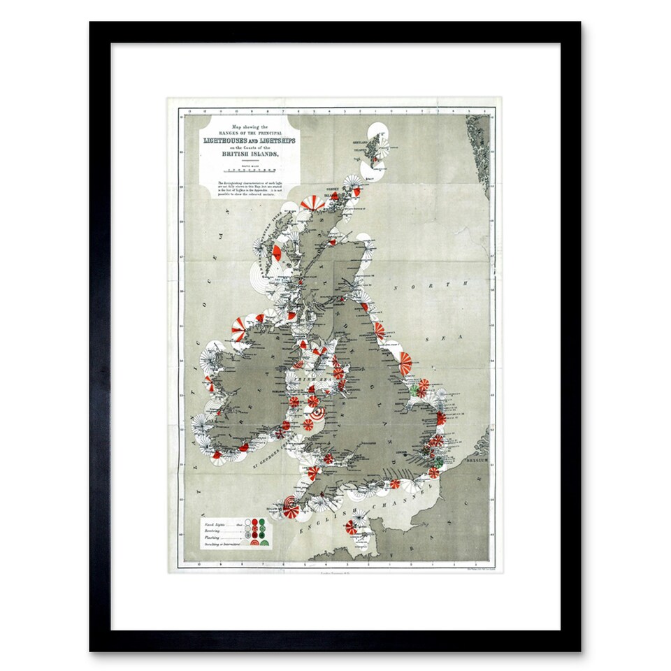 image 1 of Map Antique 1884 Price Lighthouses Lightships British Isle Framed Wall Art Print
