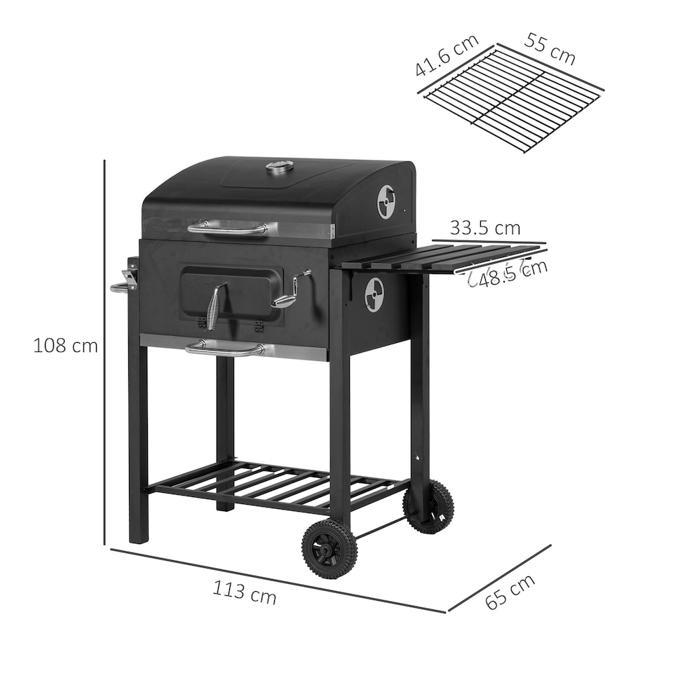image 1 of Outsunny Charcoal Grill BBQ Trolley Wheels Shelf Side Thermometer Steel Black