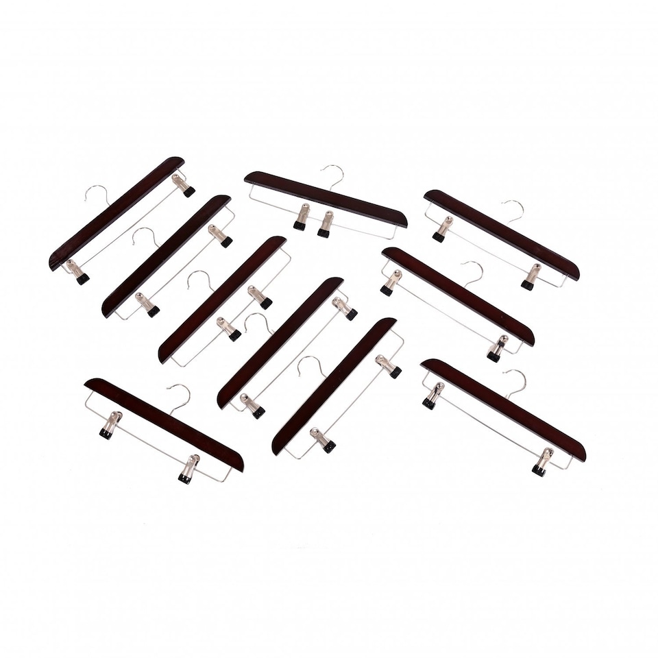 image 1 of Pack of 10 Brown Wooden Clothes Garment Coat Skirt Trouser Hangers