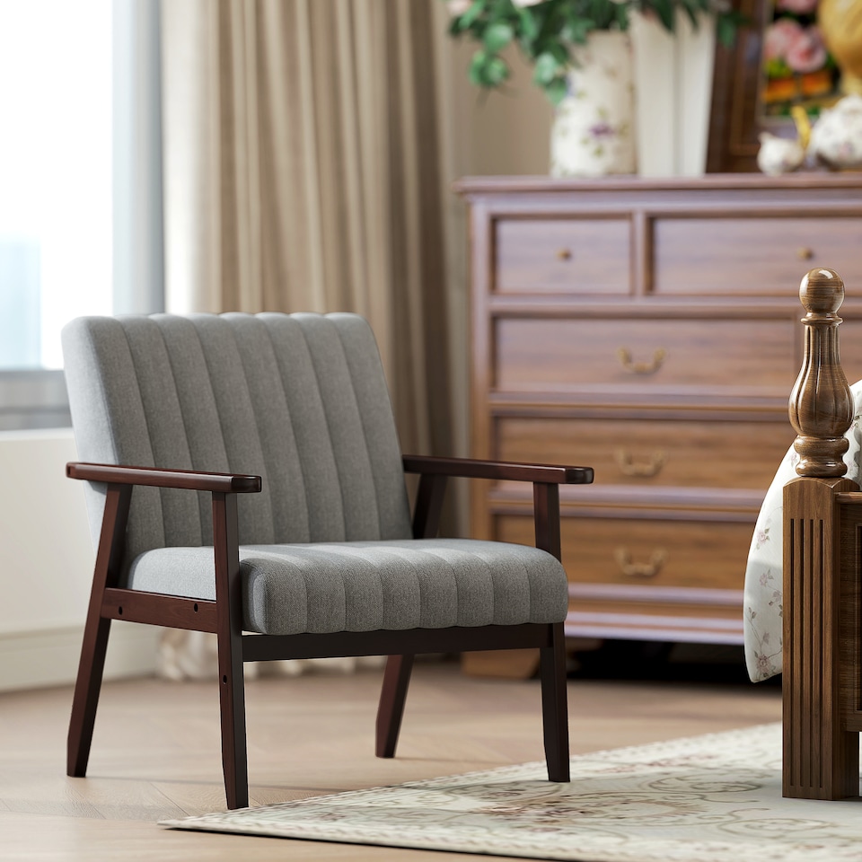 image 1 of HOMCOM Fabric Accent Chair, Modern Tufted Armchair for Bedroom, Living Room, Upholstered Lounge Chair with Wood Legs, Grey