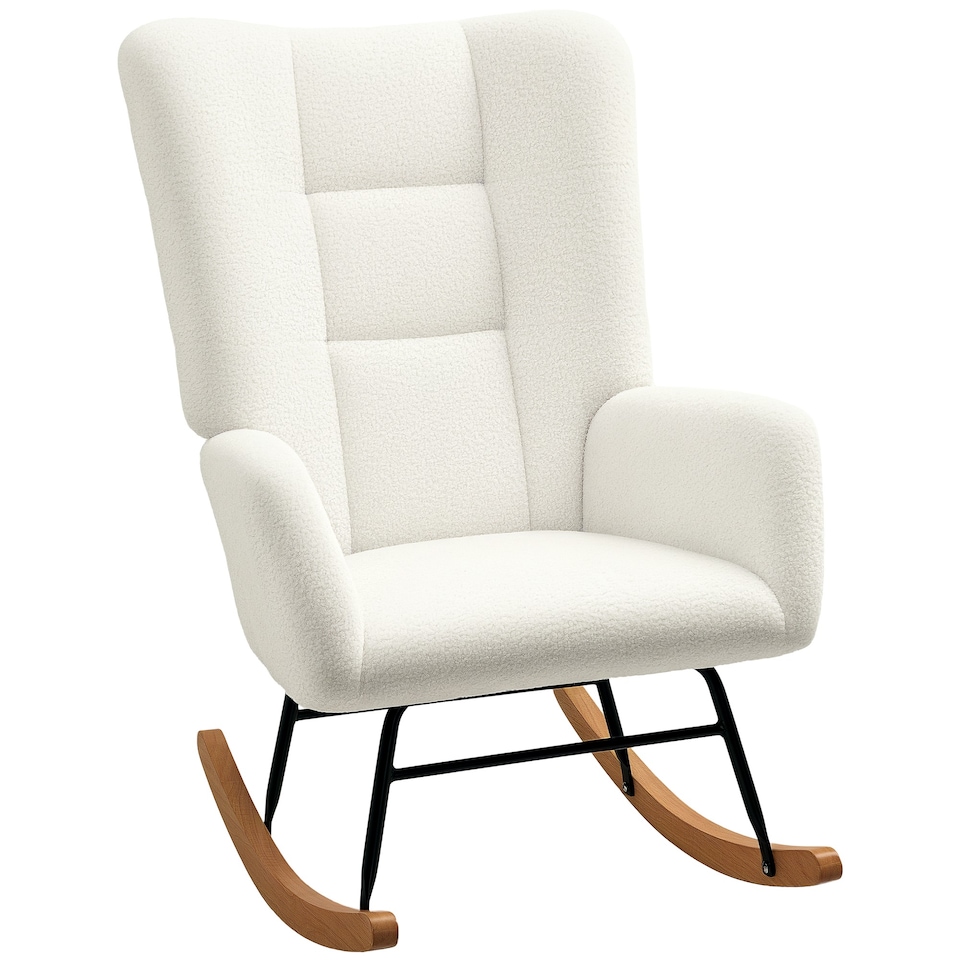 image 1 of HOMCOM Rocking Chair, Teddy Upholstered Accent Chair, Modern Armchair with Wide Backrest and Rubberwood Base for Living Room, Bedroom, Cream White | Cream | Cream