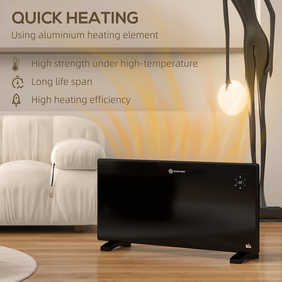 image 1 of HOMCOM 2000W Electric Panel Heater, Freestanding or Wall Mounted, Convector Heater with LED Display, Open Window Detection, Timer, Overheat Protection, Remote Control, Black