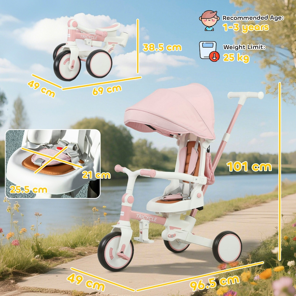 image 1 of AIYAPLAY 5 in 1 Foldable Kids Trike, Toddler Tricycle for 1-3 Years, Pink
