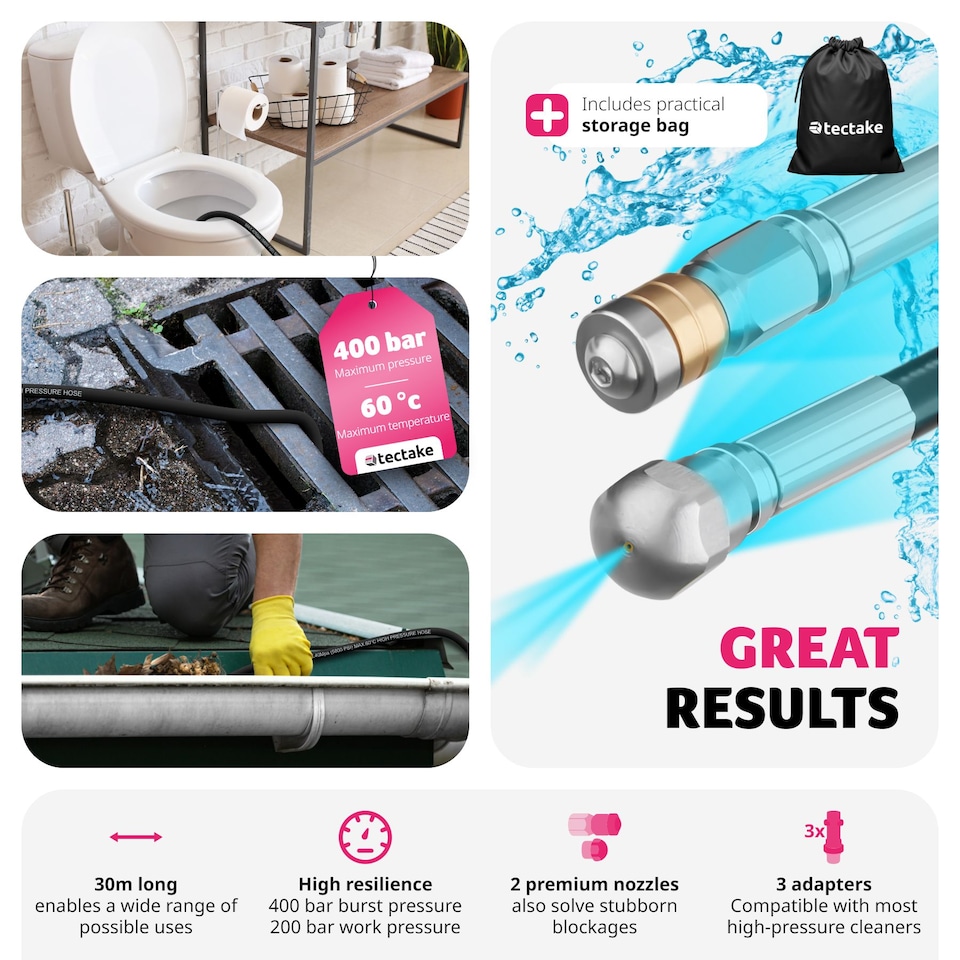 image 1 of Drain cleaning hose set including 2 nozzles and 3 adapters | Black | black | 30 m | 1