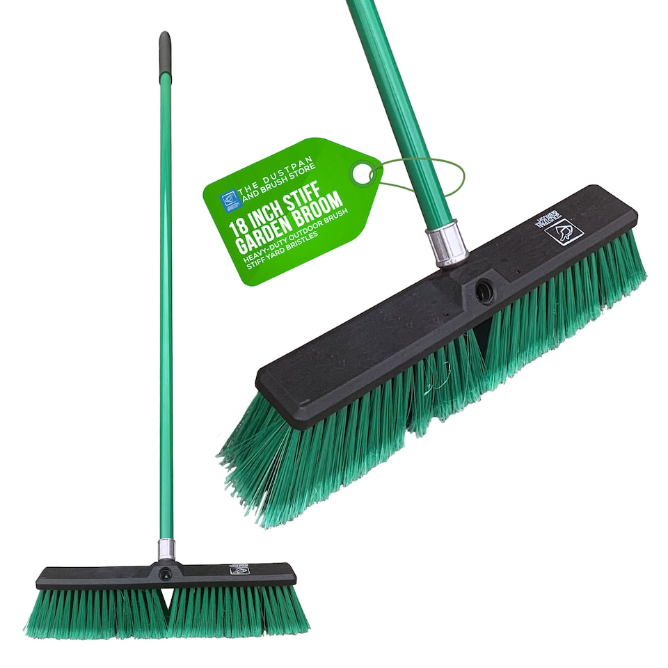 image 1 of Green 18" Heavy Duty Outdoor Yard Broom and Metal Handle