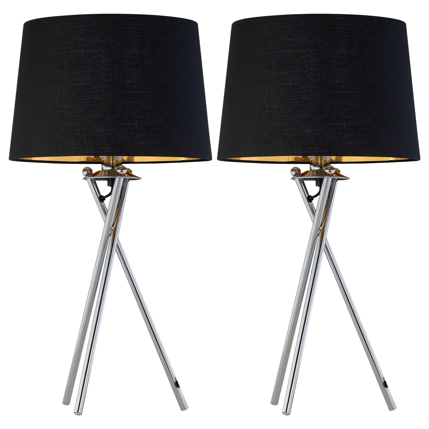 First Choice Lighting Set of 2 Tripod - Chrome Lamps with Black & Gold Fabric Shade in Silver