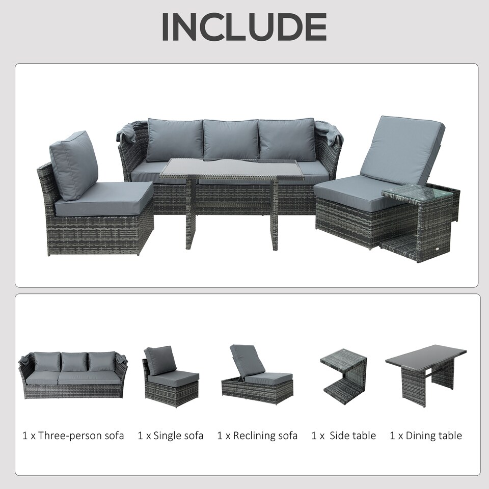 image 1 of Outsunny 5 PCS Outdoor Rattan Wicker Sofa Sets Reclining Sofa Adjustable Canopy & Side Table Dining Table Set Sectional Conversation Furniture w/ Cushions, Mixed Grey