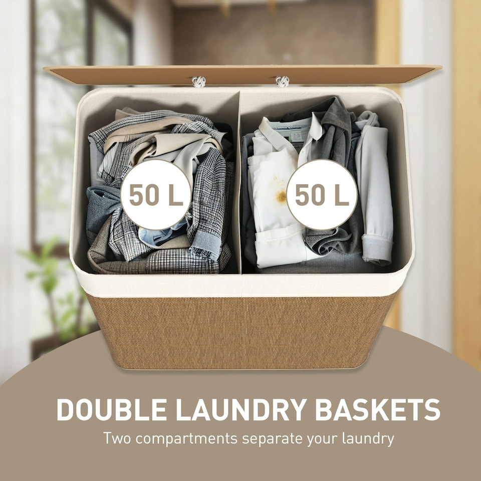 image 1 of HOMCOM 100L Laundry Basket with Lid, Washing Basket for Bathroom, Brown Brown | Cream White