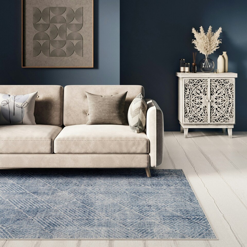 image 1 of Denim Blue Geometric Distressed Washable Living Room Area Rug - 80x150cm Blue