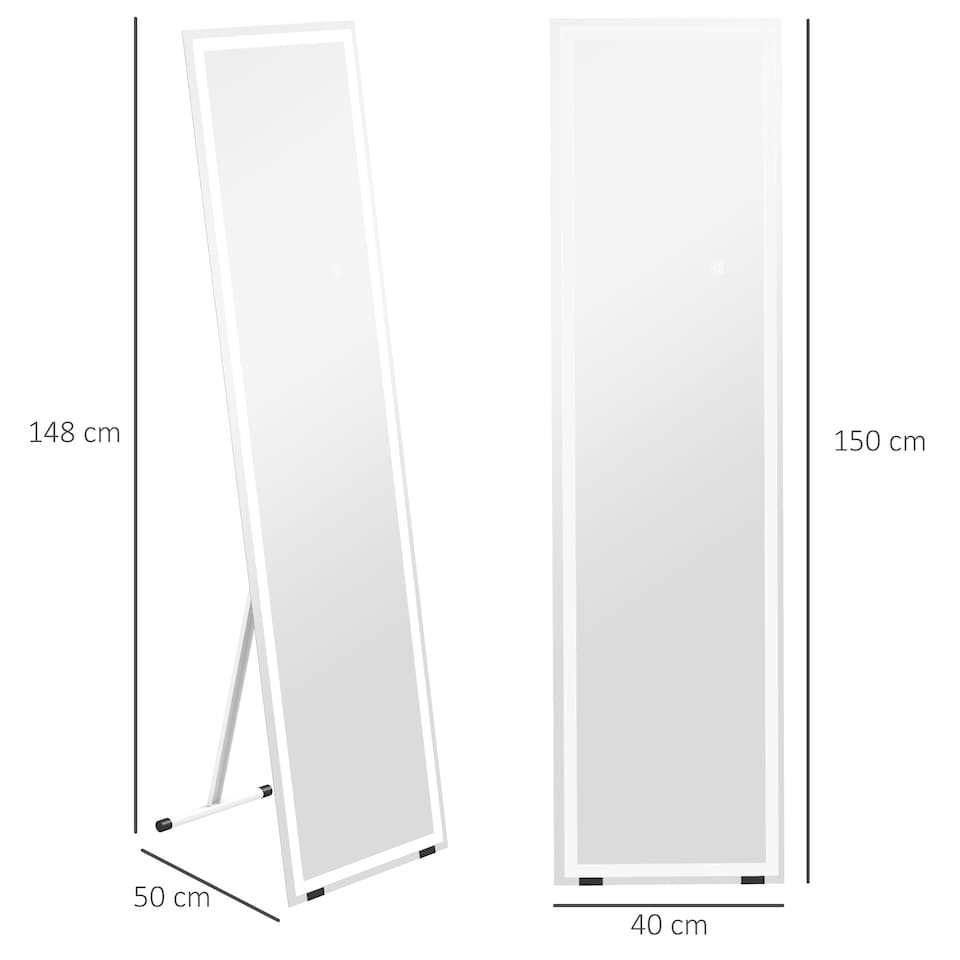 image 1 of HOMCOM Full Length Mirror with LED Lights, 15040cm Floor Mirror, Free Standing, Wall Mounted or Leaning, Full Size Body Mirror with Dimmable and 3 Colour Lighting for Bedroom, 33W, White