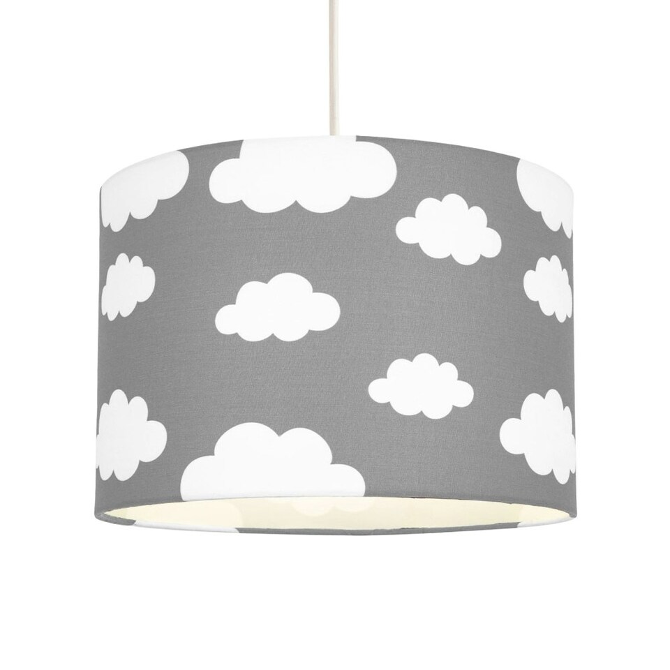 image 1 of White Clouds Children's/Kids Grey Cotton Fabric Bedroom Lamp or Pendant Shade