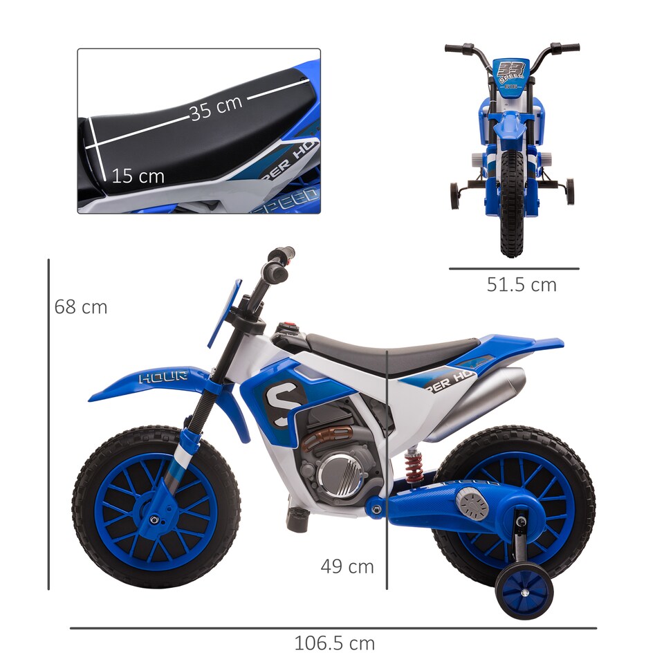 image 1 of HOMCOM 12V Kids Electric Motorbike Ride-On Motorcycle w/ Training Wheels - Blue | Blue | Blue