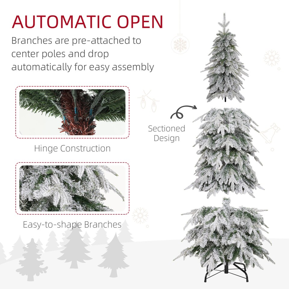 image 1 of HOMCOM 6ft Pencil Artificial Christmas Tree, Snow Flocked mas Tree with Downswept Branches and 600 Tips, Auto Open, Steel Base, Holiday Decoration for Home Office, Green