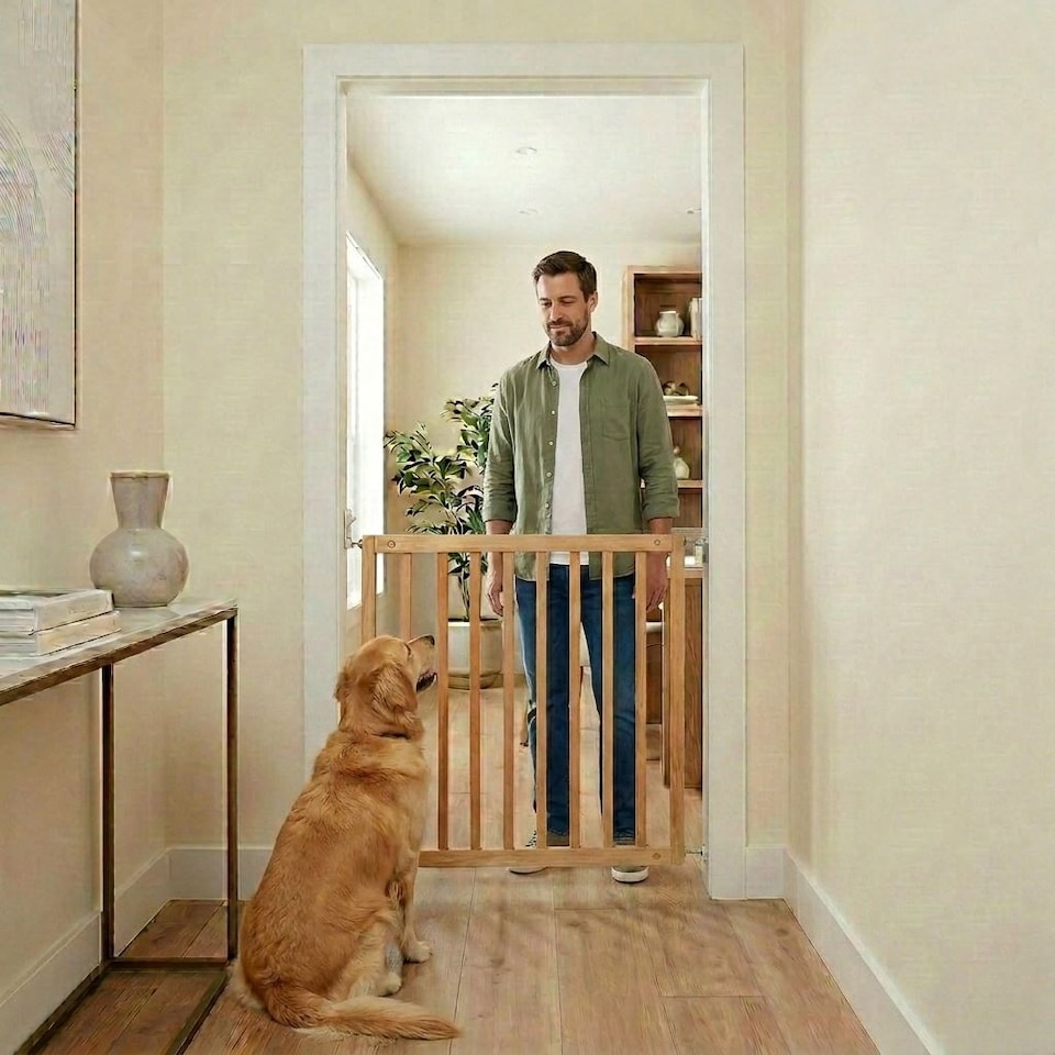 image 1 of Safetots Simply Secure Wooden Gate, 72cm - 79cm, Natural, Wooden Stair Gate, Screw Fit Baby Gate, Safety Barrier