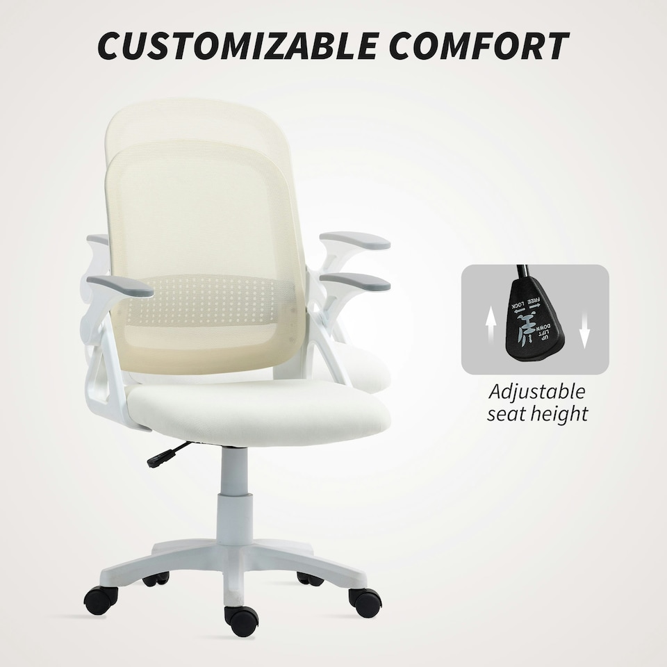 image 1 of HOMCOM Ergonomic Swivel Computer Chair with Flip-up Armrests, White | White | One Size