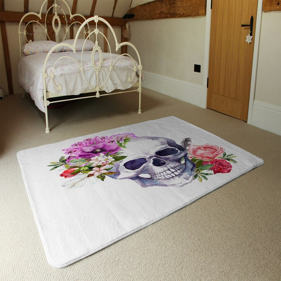 image 1 of Human skull with flowers (Rug) Pink | Medium: 80x150cm
