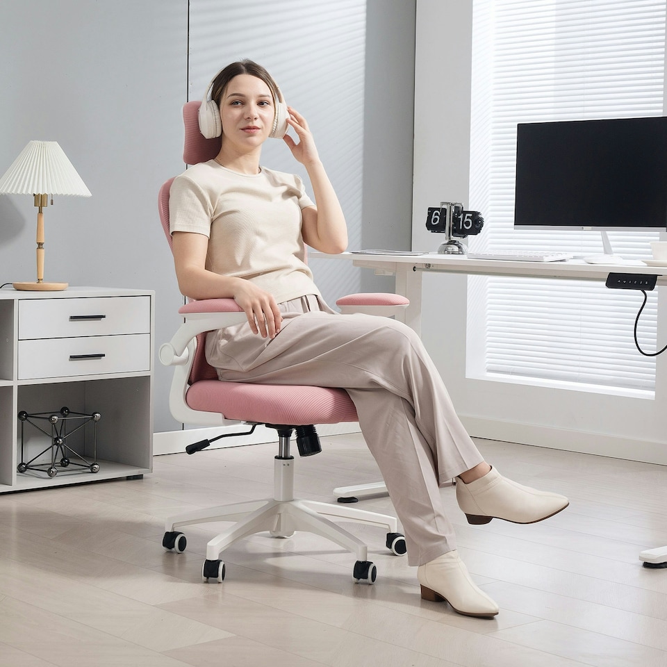 image 1 of Vinsetto Mesh Chair with Headrest, 4D Lumbar Support, Flip-up Arm, Pink | Pink | White | One Size