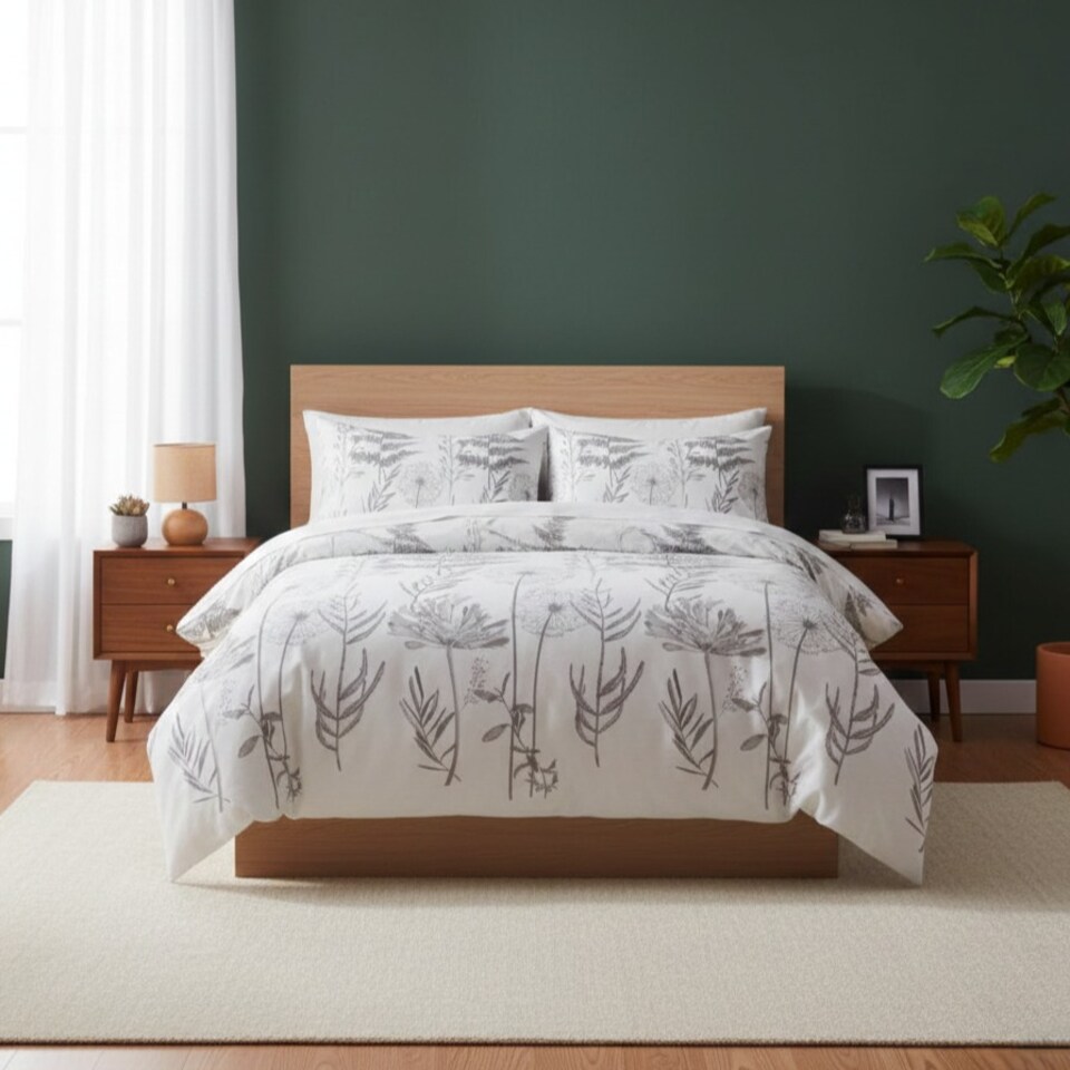 image 1 of Dandelion Floral Botanical Bedding Duvet Cover And Pillowcase Set | White | King