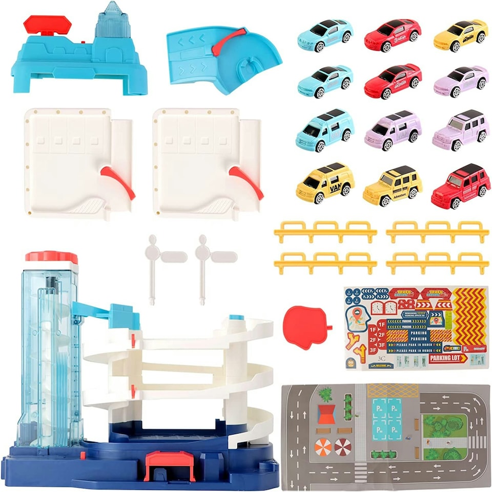 image 1 of 2-in-1 Garage Track Set with Elevator, 12 Mini Cars, Music & Lights – Kids Car Playset for Ages 3+