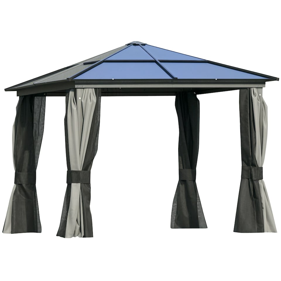 image 1 of Outsunny 3x3(m) Aluminium Hardtop Gazebo Canopy w/ Polycarbonate Top, Curtains