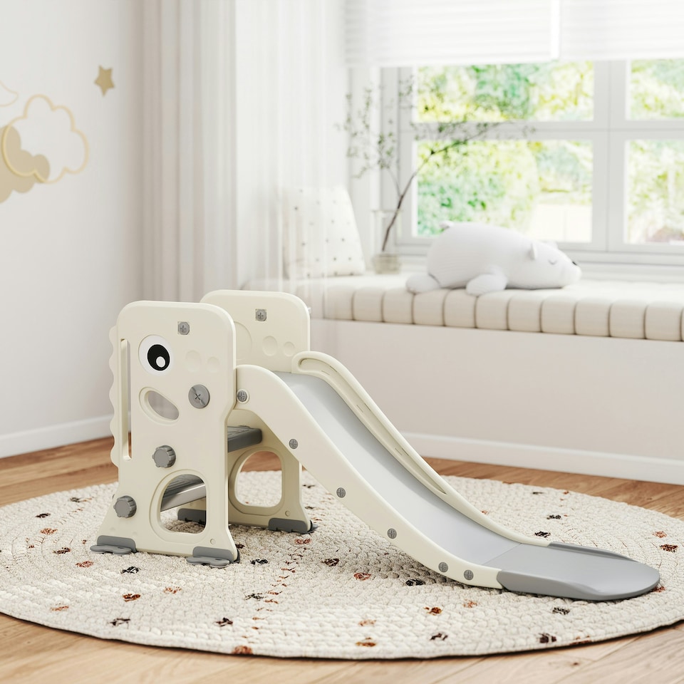 image 1 of AIYAPLAY Foldable Kids Slide with Climber, Basketball Hoop, Cream White