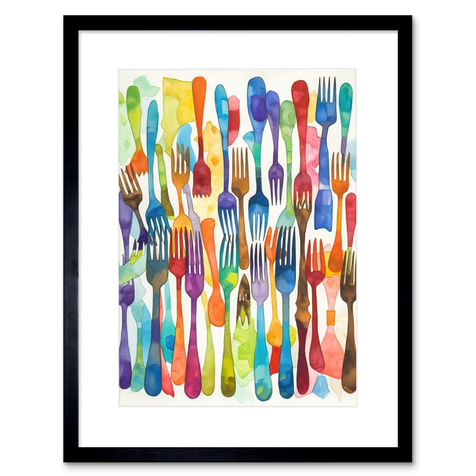 image 1 of Cutlery Pattern Kitchen Forks Watercolour Painting 9x7" Black Framed Wall Art Print