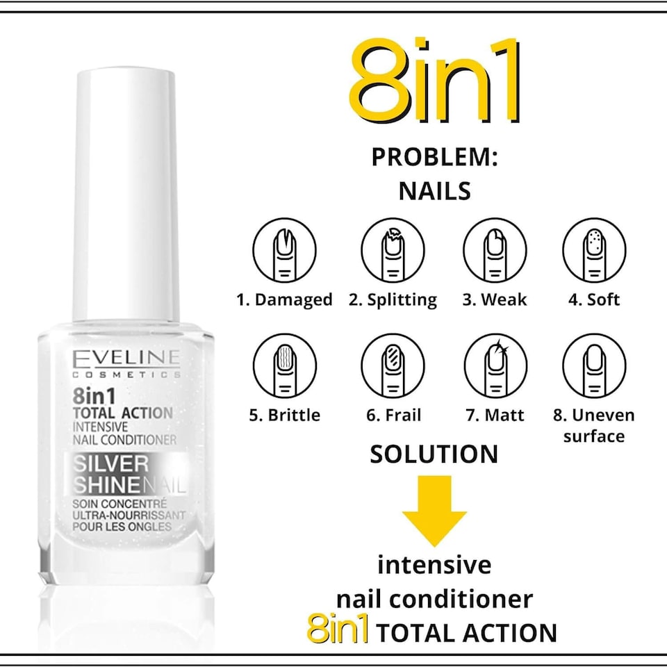 image 1 of Eveline Nail Therapy Total Action Concentrated Nail Conditioner with Silver Particles 8in1 Silver Shine 12ml