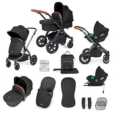 Stomp Luxe 12pc Travel System with Cirrus i-Size Car Seat & ISOFIX Base, Carrycot, Reversible Seat, Rain Cover & More (Black/Midnight/Tan)