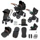 image 1 of Stomp Luxe 12pc Travel System with Cirrus i-Size Car Seat & ISOFIX Base, Carrycot, Reversible Seat, Rain Cover & More (Black/Midnight/Tan)