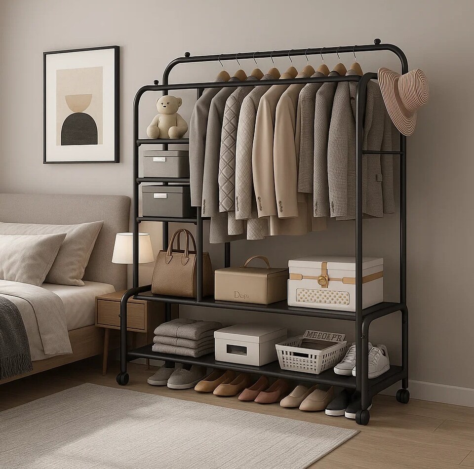 image 1 of Black Heavy Duty Double Clothes Rail with Wheels – Garment Hanging Rack & Storage Shelf