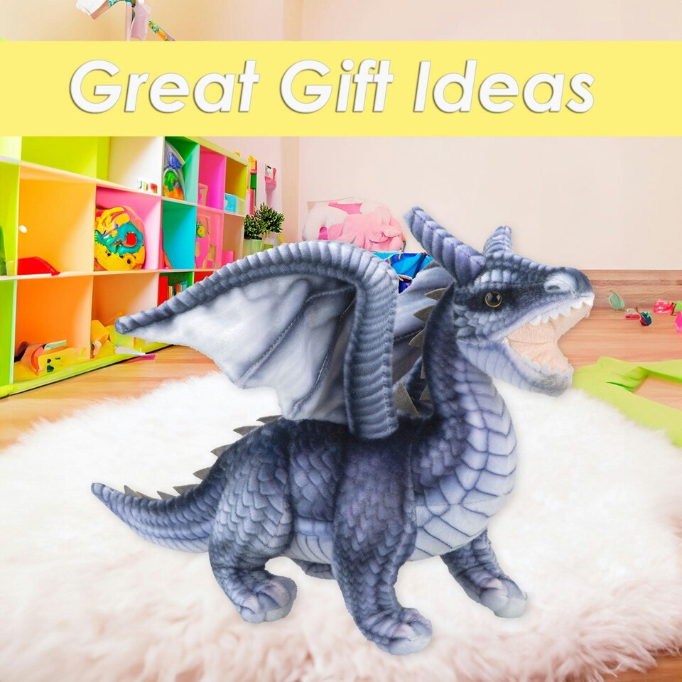 image 1 of Dragon Grey Soft Toy Realistic Looking Dragon Plushe Cuddly Fantasy 30cm Grey