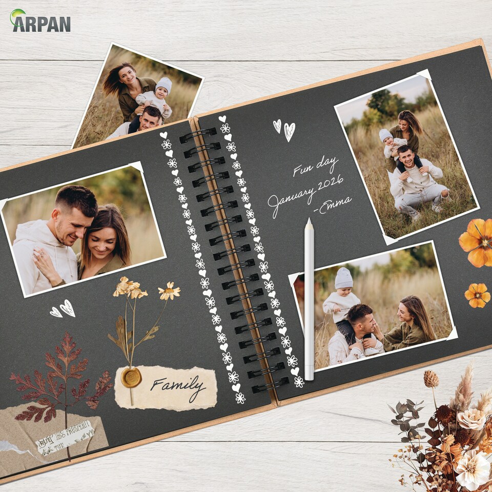 image 1 of ARPAN Spiral Bound Scrapbook Album – 50 Sheets / 100 Pages, 200 GSM Thick Paper – DIY Photo Album Memory Book with Ribbon Closure (26 x 25.5 cm) for Wedding, Baby, Travel, Artwork & Scrapbooking