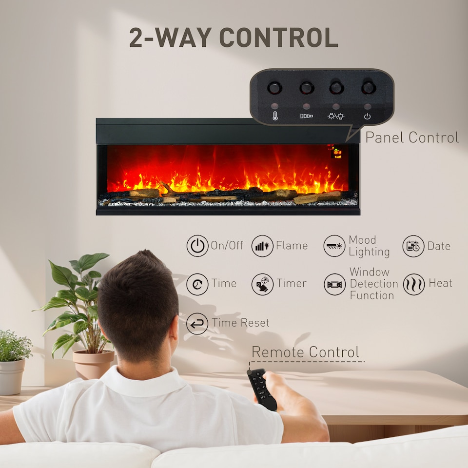 image 1 of HOMCOM 60152cm 3-Sided Electric Fireplace Wall Mounted, Recessed, Insert, Freestanding, Glass Electric Fire with 7 Adjustable LED Flame Effect, Log, Crystal, Remote Control, 1800W, Black